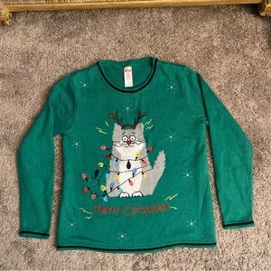 ♥️SOLD♥️Holiday Time Green Merry Christmas Cat Sweater